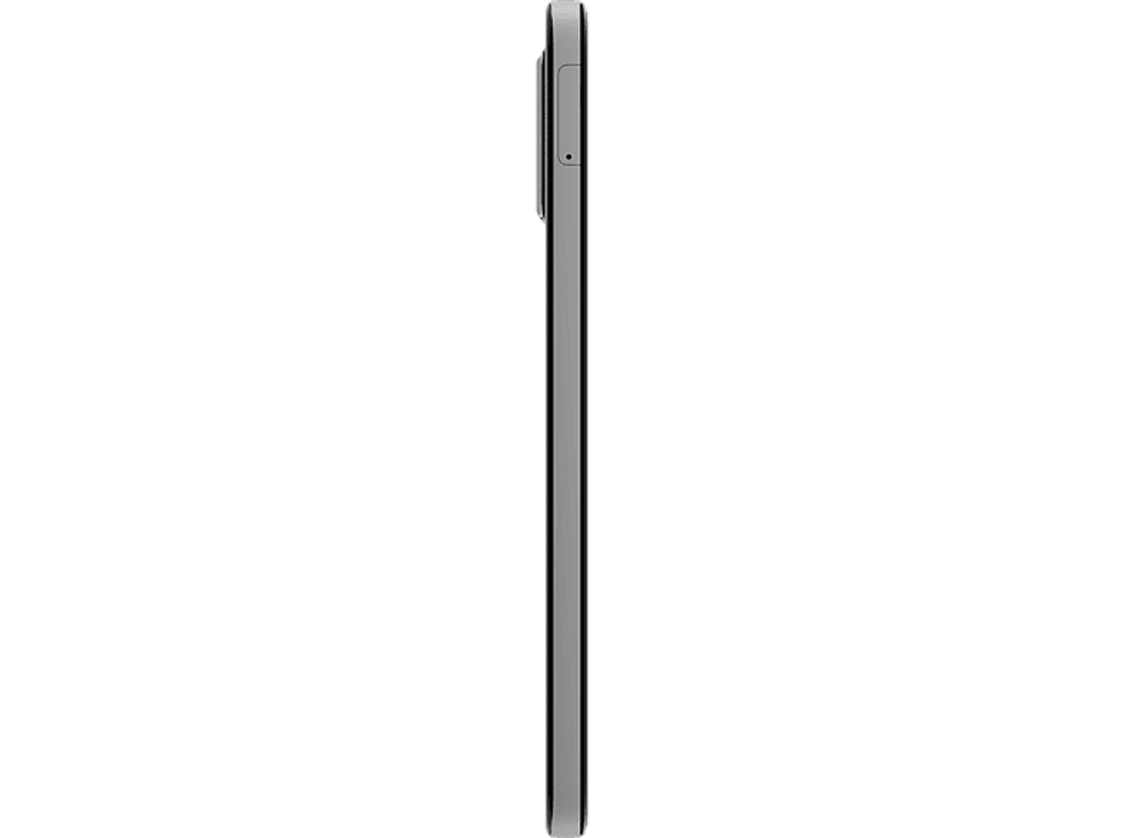 Widok z boku srebrnego smartfona na czarnym tle, pokazujący smukły profil.