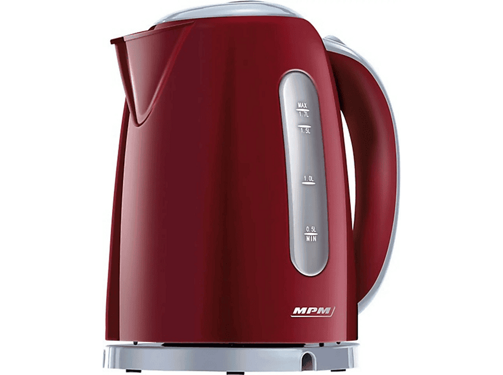 Czerwony czajnik elektryczny ze wskaźnikiem poziomu wody i uchwytem z boku.