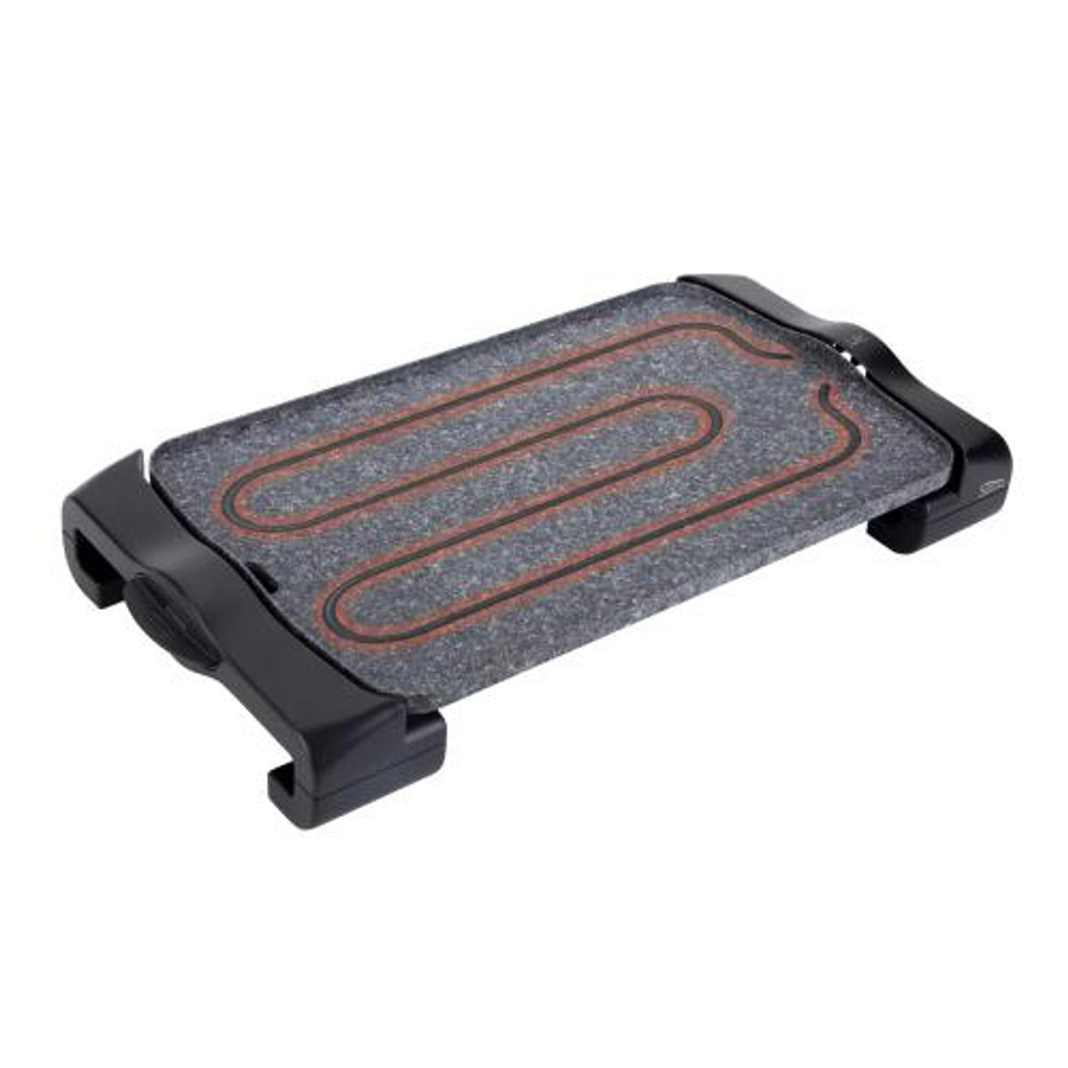 Una parrilla eléctrica rectangular. Es negra con superficie gris y un patrón rojo.