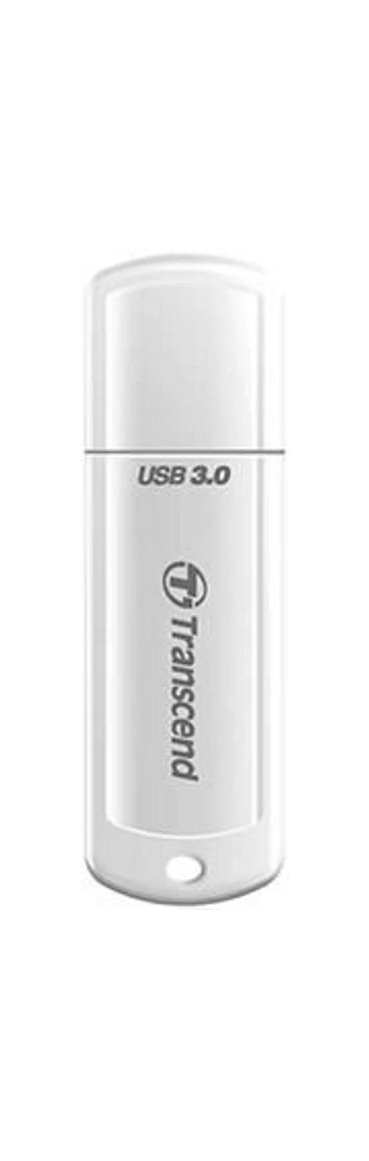 Biały pendrive USB 3.0 z logo Transcend na białym tle.