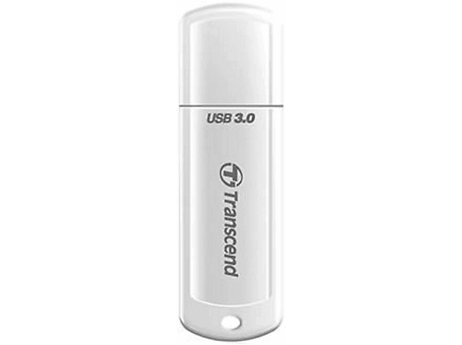 Biały pendrive USB 3.0. Marka to 'Transcend'.
