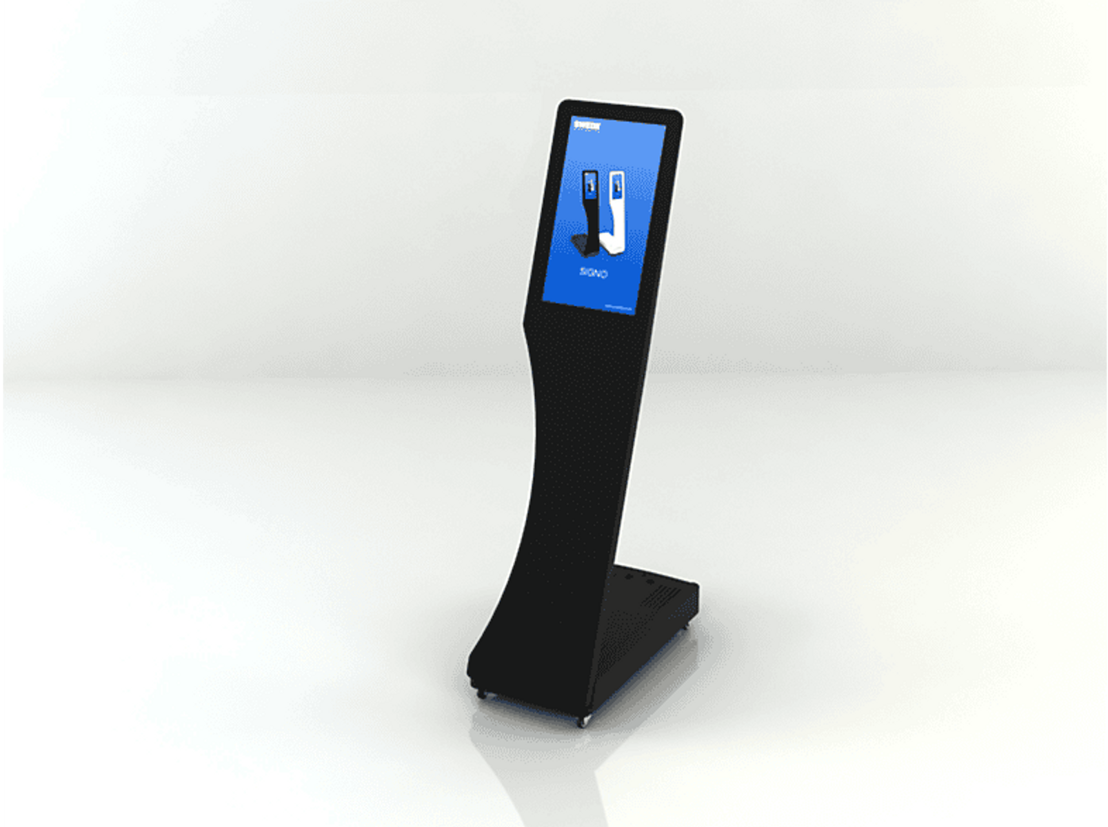 Ein schwarzer digitaler Kiosk mit geschwungenem Design. Ein Bildschirm zeigt ein Logo und eine Grafik.