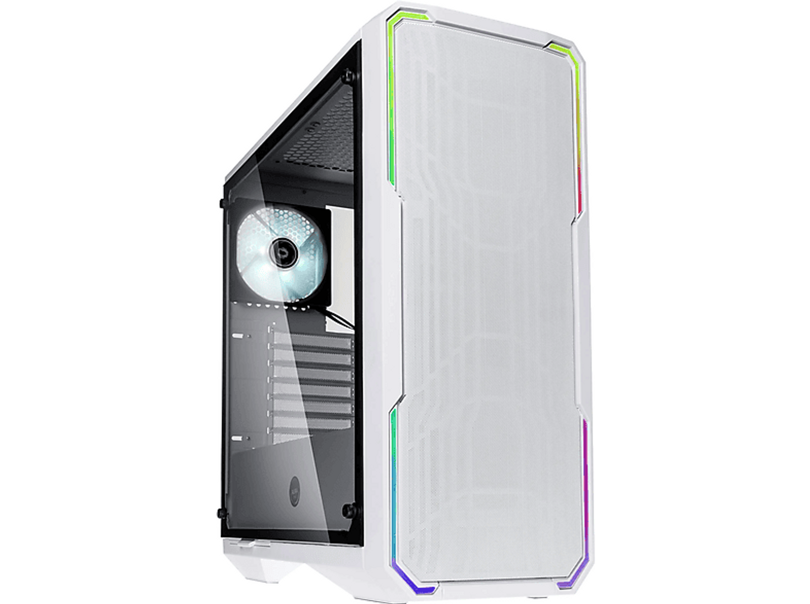 Ein weißes Computergehäuse mit RGB-Lichtern. Es hat eine Glas-Seitenwand.