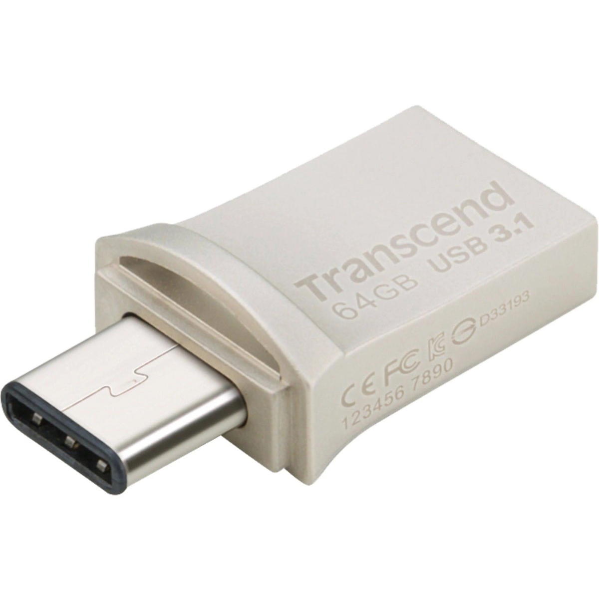 Srebrny i szary pendrive USB. Posiada złącze USB-C. Widoczny tekst.