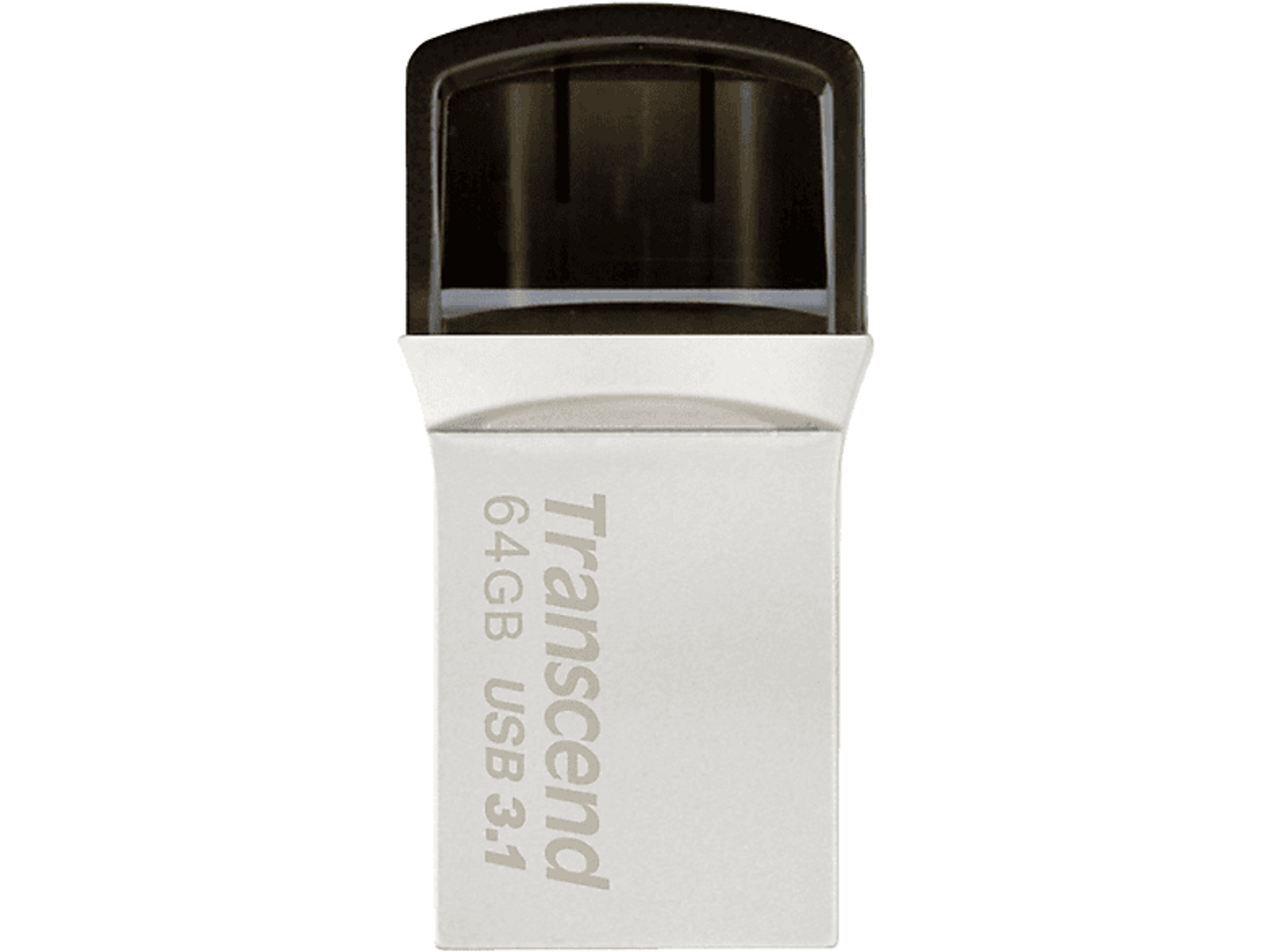 Biało-srebrny pendrive Transcend. Nasadka jest czarna i ma etykietę 64GB.