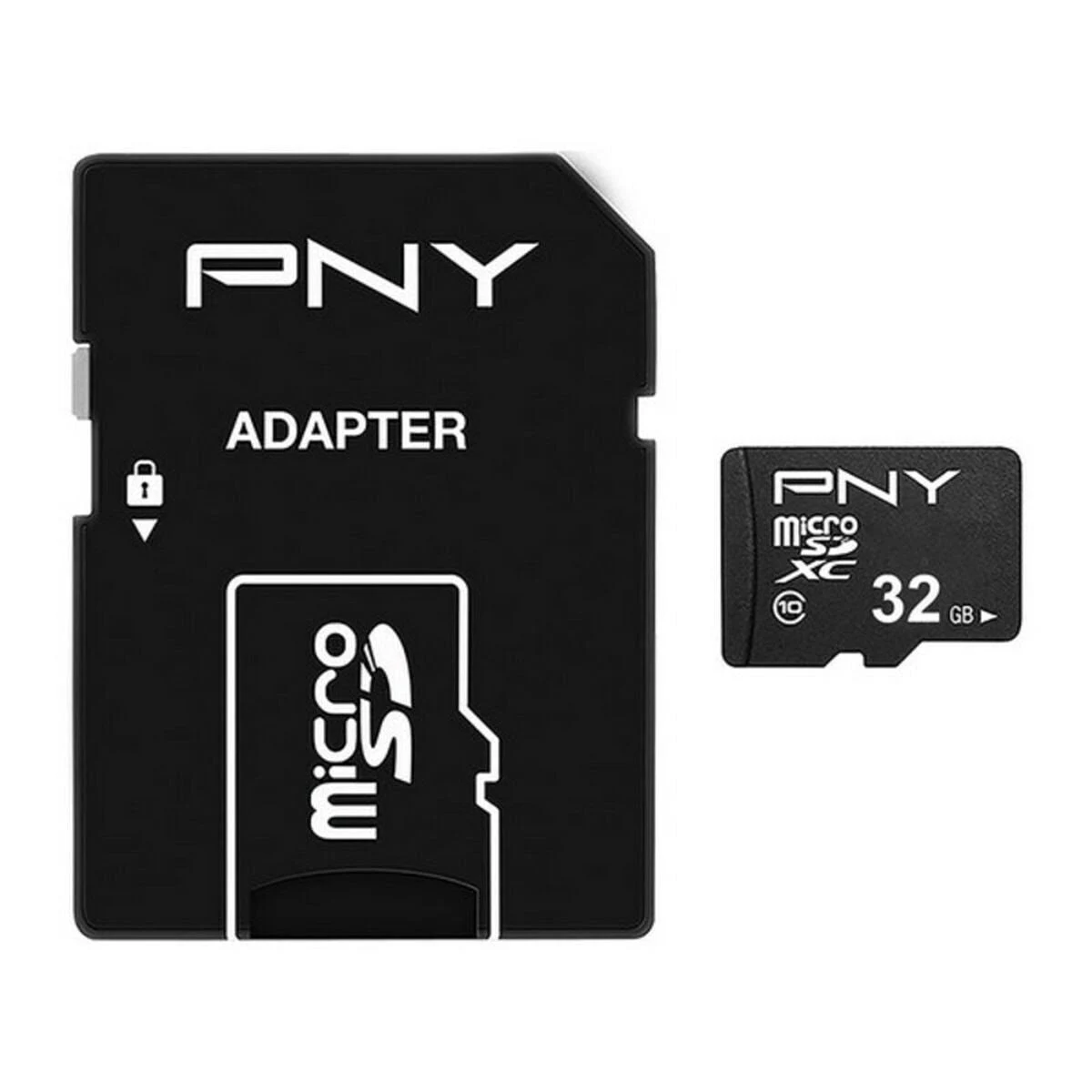 Adapter karty SD PNY z kartą Micro SD. Tekst na adapterze: PNY ADAPTER. Tekst na SD: PNY, Micro SD, 32 GB.
