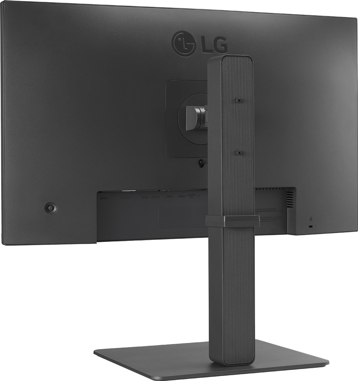 Vista posteriore di un monitor LG nero. Supporto collegato. Porte visibili sul retro.