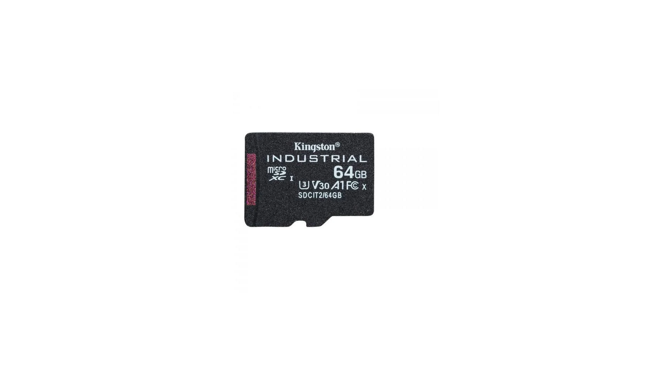 Tarjeta microSD Kingston Industrial, 64 GB, negra con detalles rojos. Fondo blanco.