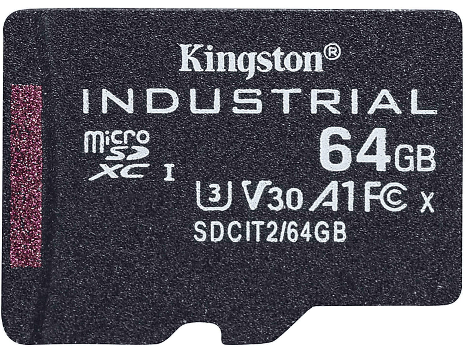 Tarjeta Micro SD Industrial Kingston negra con detalles impresos.