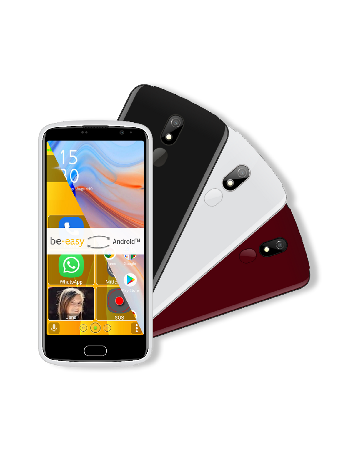 Drei Smartphones in verschiedenen Farben. Eines zeigt einen Bildschirm mit Apps.