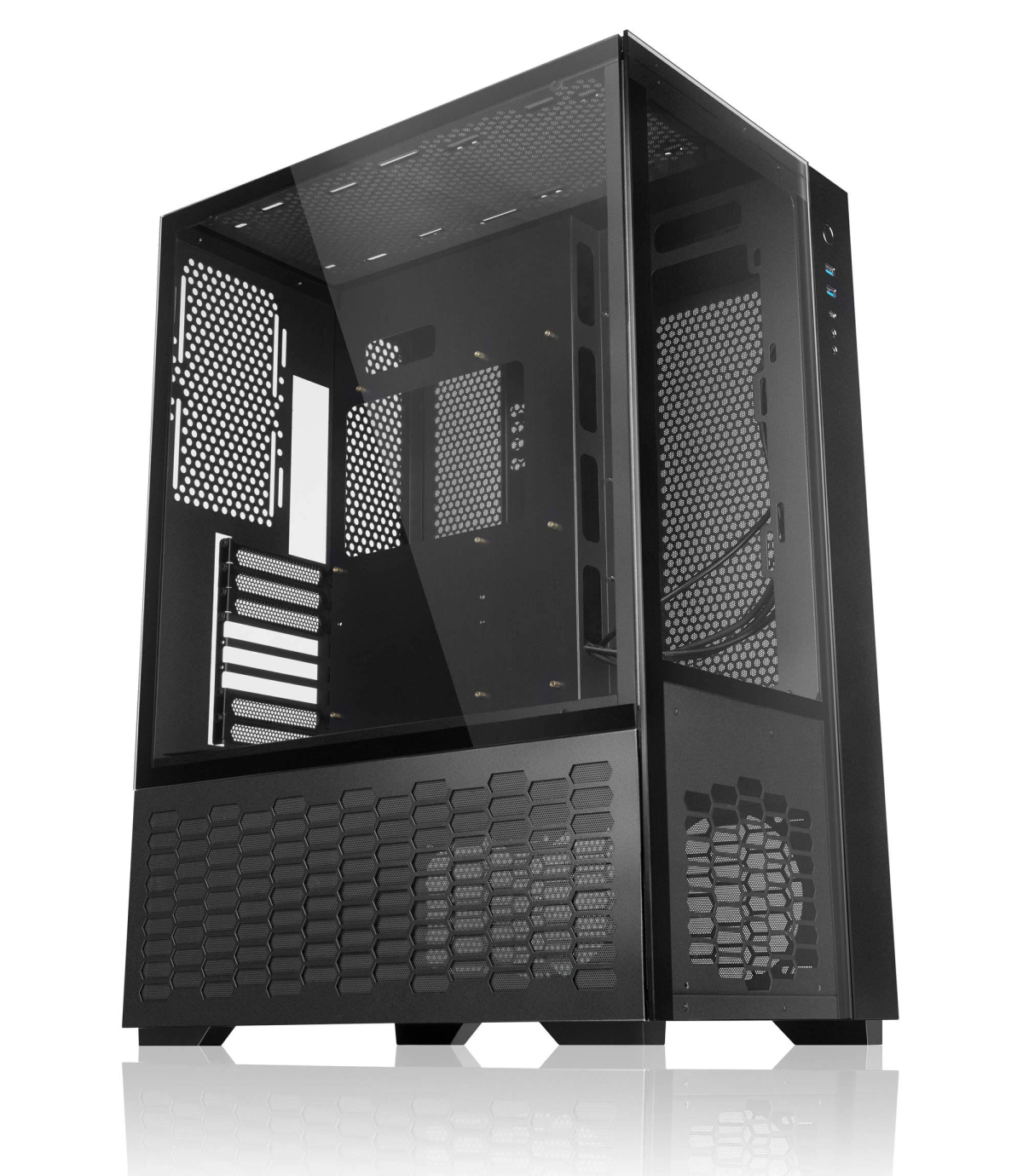 Case per computer nero, frontale e lato in vetro. Pannelli a rete e pieni visibili. Sfondo bianco.