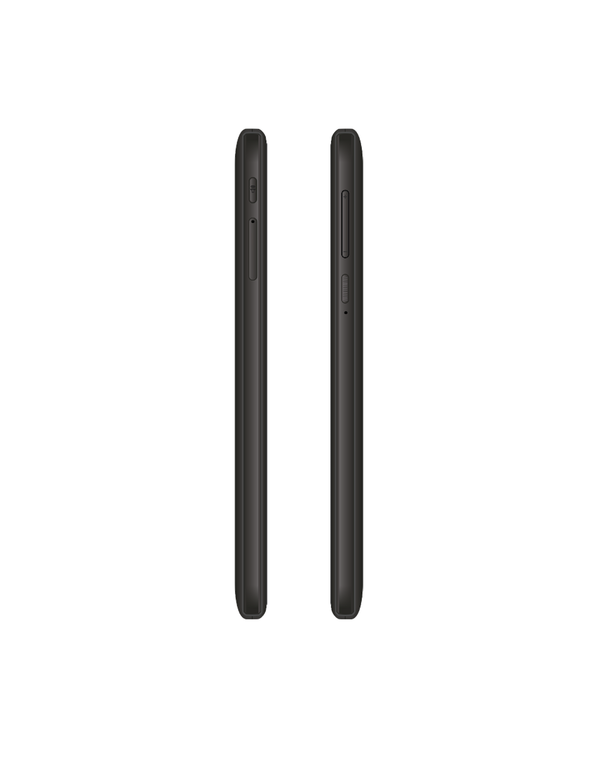 Zwei schwarze Smartphones, Seitenansicht, mit Ein-/Aus-Taste und Lautstärkereglern.