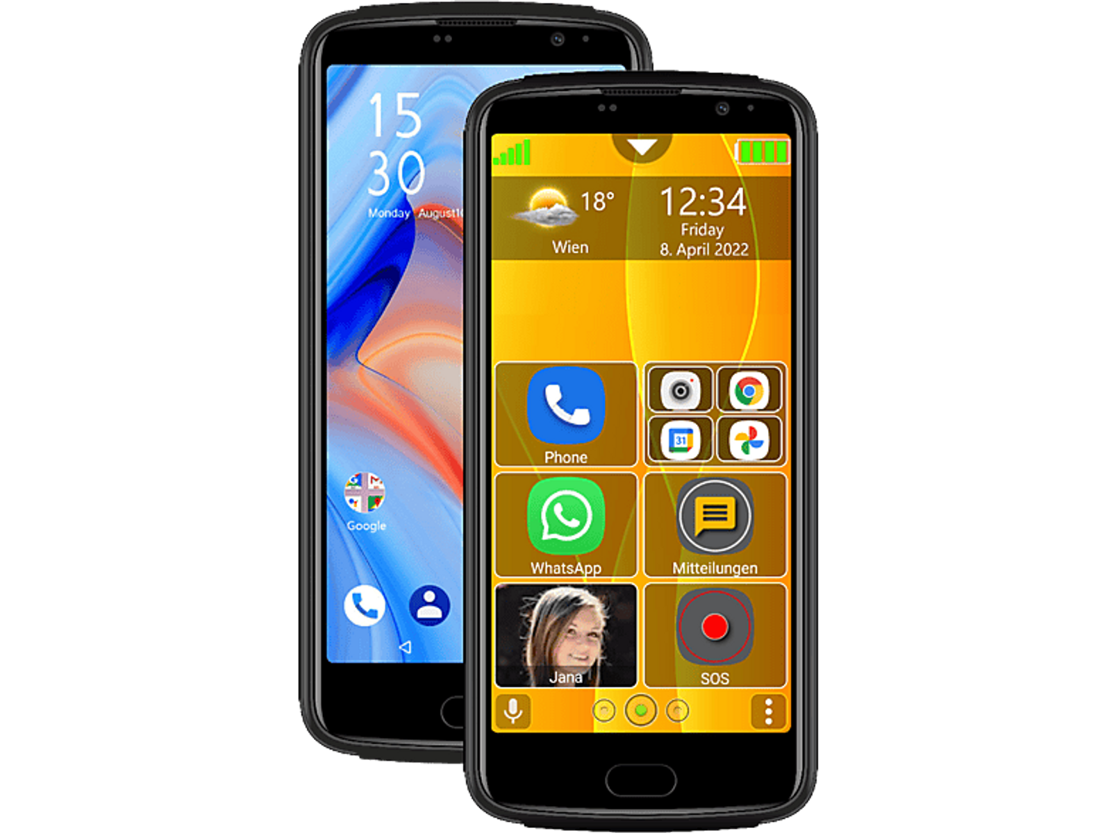 Zwei Smartphones nebeneinander. Eines zeigt eine vereinfachte Oberfläche, das andere eine Standardoberfläche.
