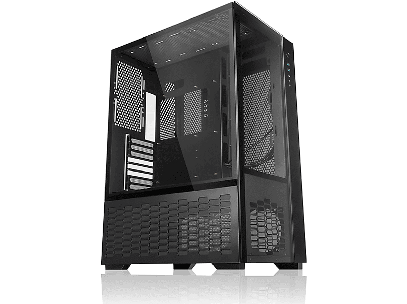 Case per computer nero con pannello laterale in vetro, che mostra i componenti interni.