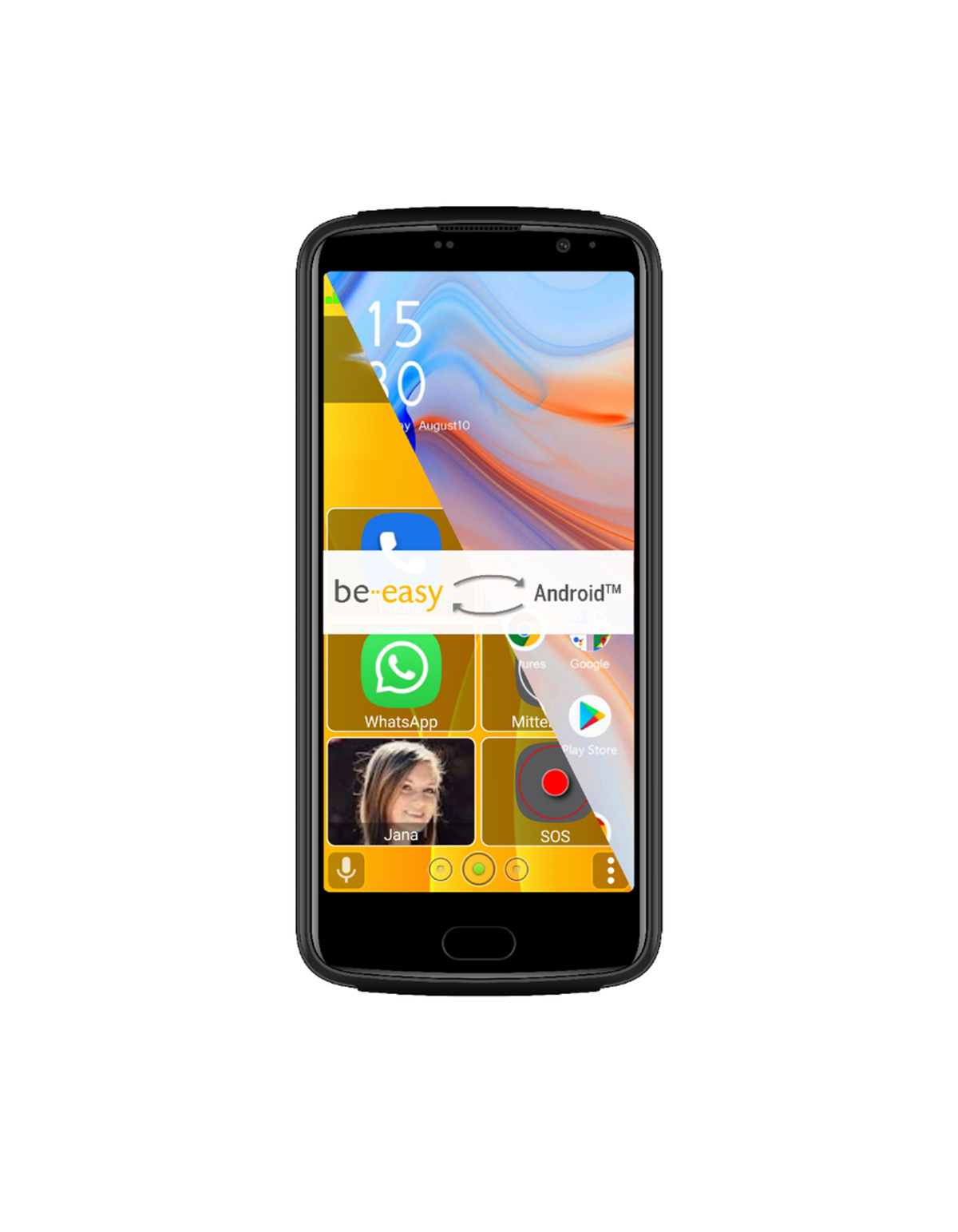 Schwarzes Smartphone mit Homescreen, der App-Symbole wie WhatsApp und ein Foto einer Frau zeigt.