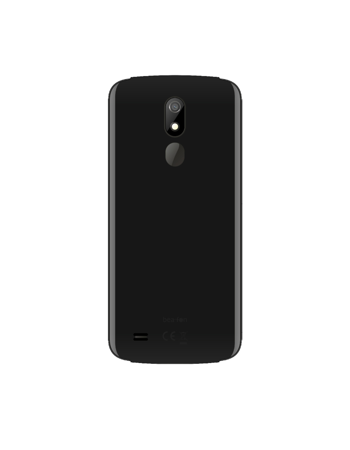 Schwarze Smartphone-Rückseite mit Kamera, Sensor und Markenlogo.