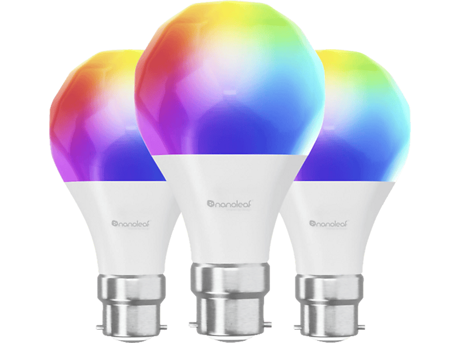 Tre lampadine intelligenti colorate. Vari colori arcobaleno. Base bianca e base argentata.