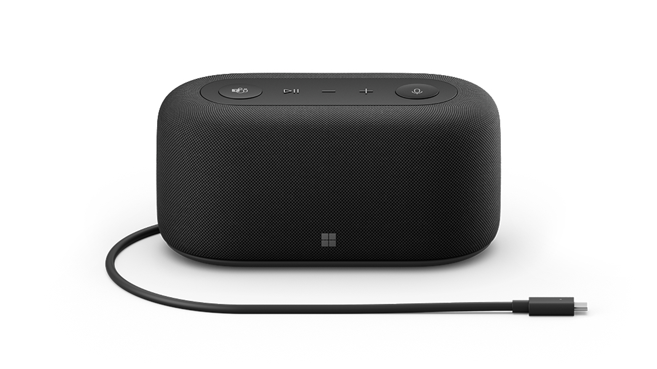 Altoparlante nero con cavo USB-C, pulsanti in alto, sfondo bianco.