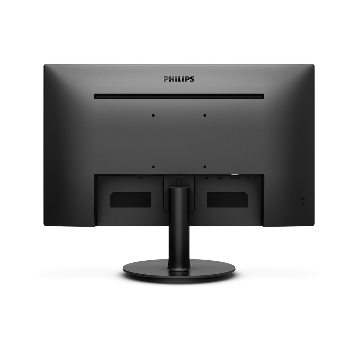 Retro monitor nero con logo Philips e porte. Sfondo bianco.