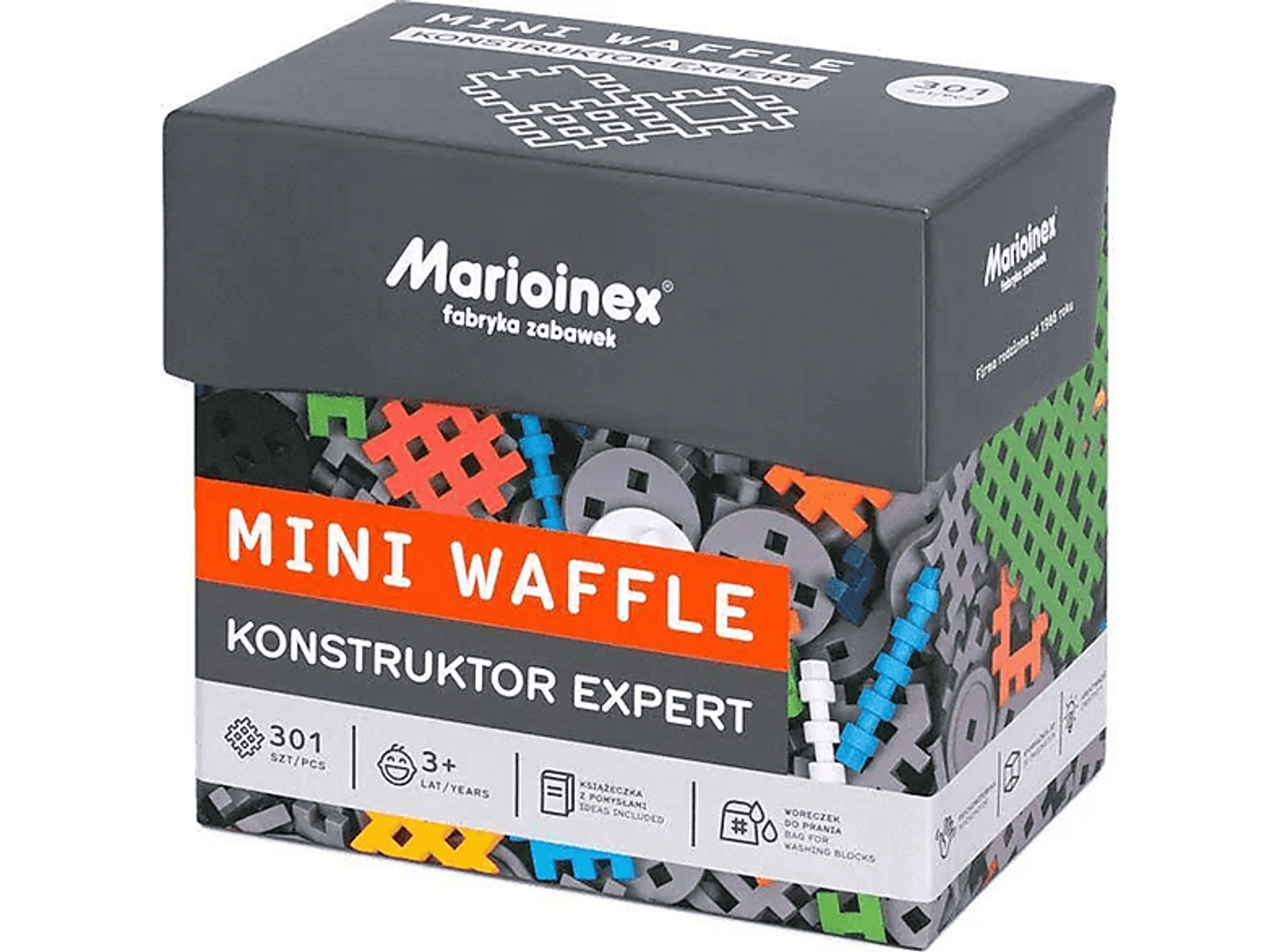 Pudełko zabawki konstrukcyjnej Mini Waffle. Pokazuje klocki i tekst: Konstruktor Expert. 301 szt.