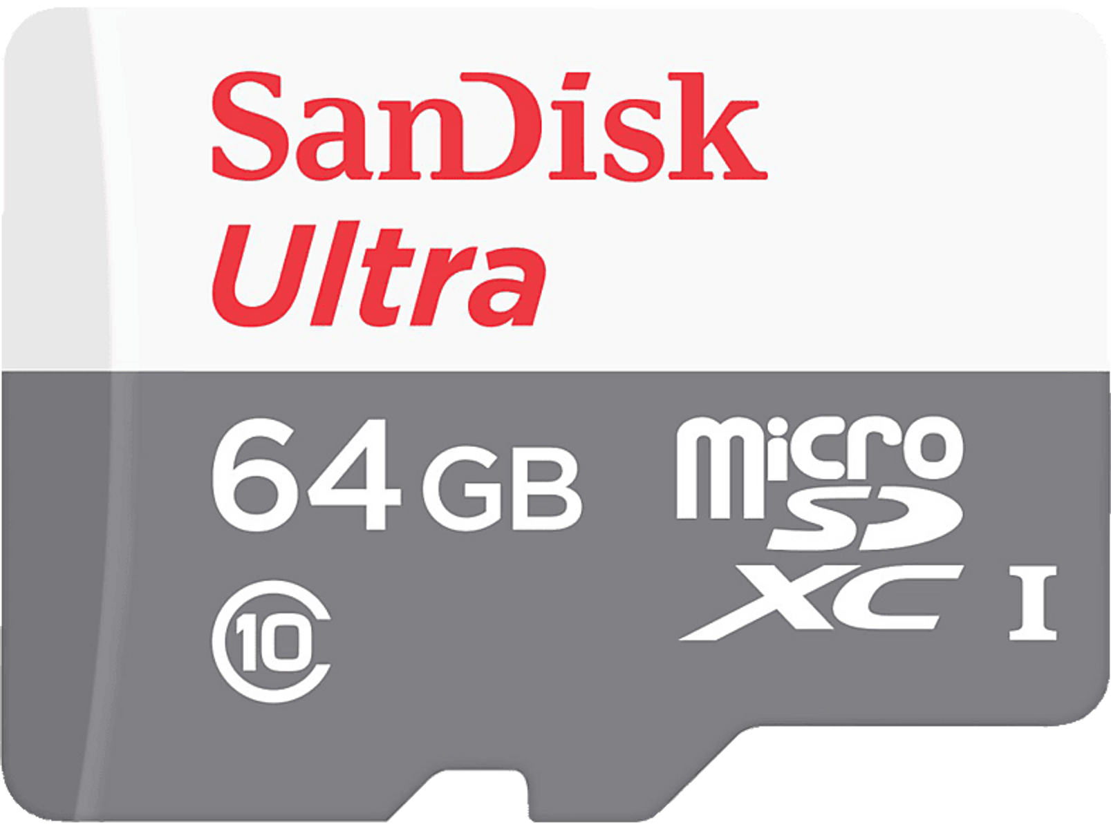 Sandisk Ultra microSD-Karte. 64 GB, MicroSDXC I und Klasse 10 Markierungen auf grauer Karte.
