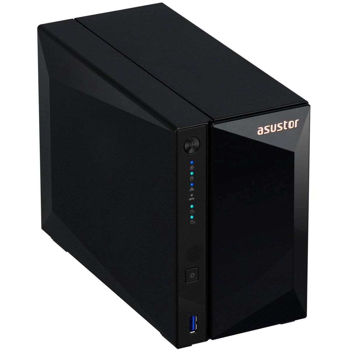 Dispositivo NAS Asustor nero, vista angolata, frontale lucido, con indicatori e porta USB.
