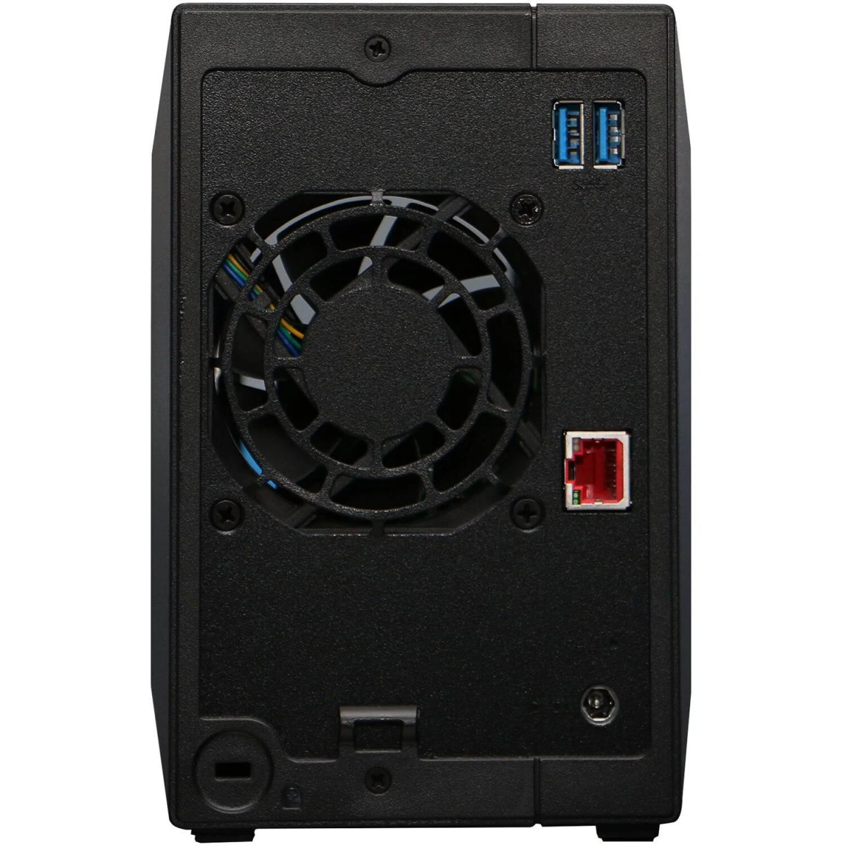 Retro di un NAS Asustor nero con porte, ventola e connettori.