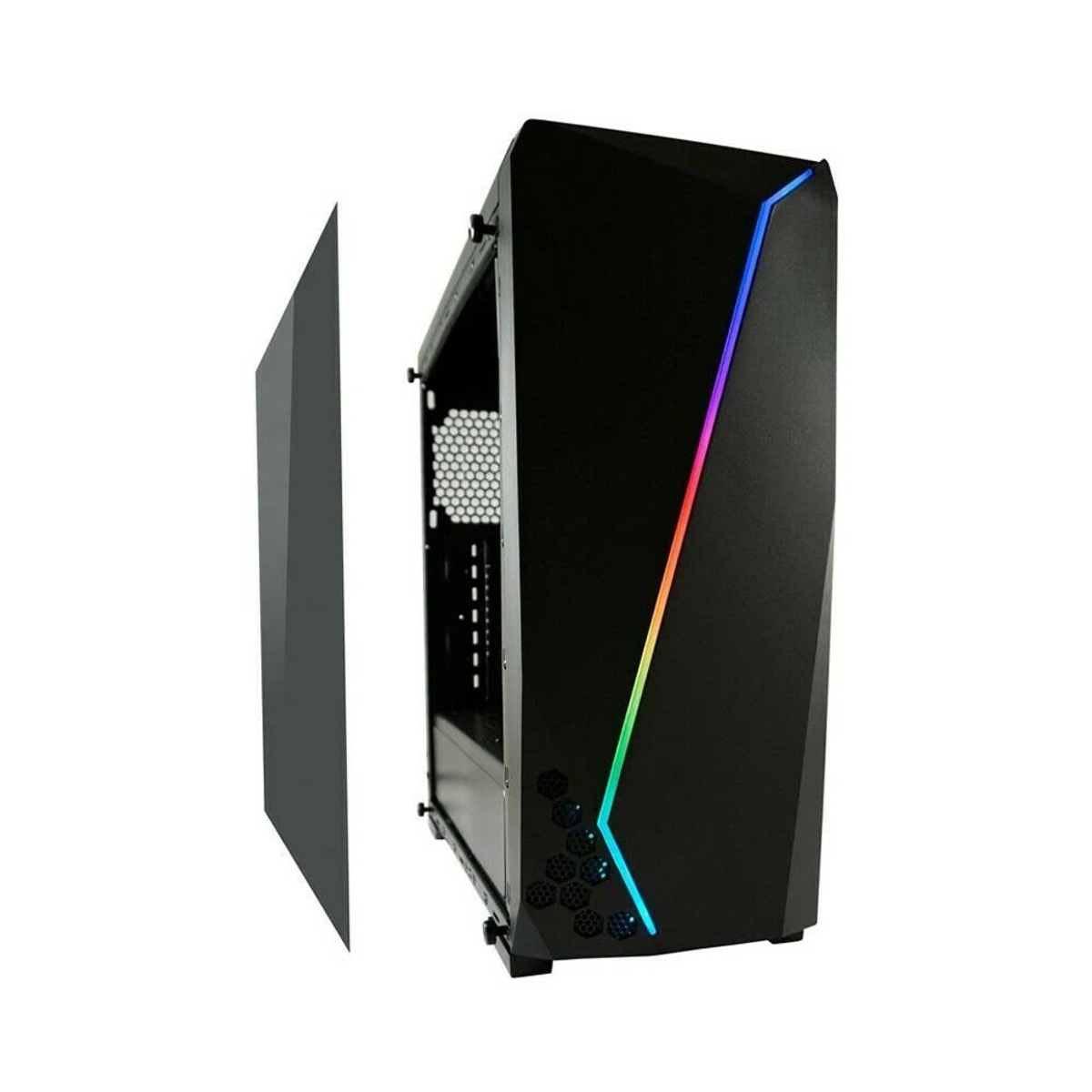 Schwarzes Computergehäuse mit Glas-Seitenwand und RGB-Beleuchtung an der Front.