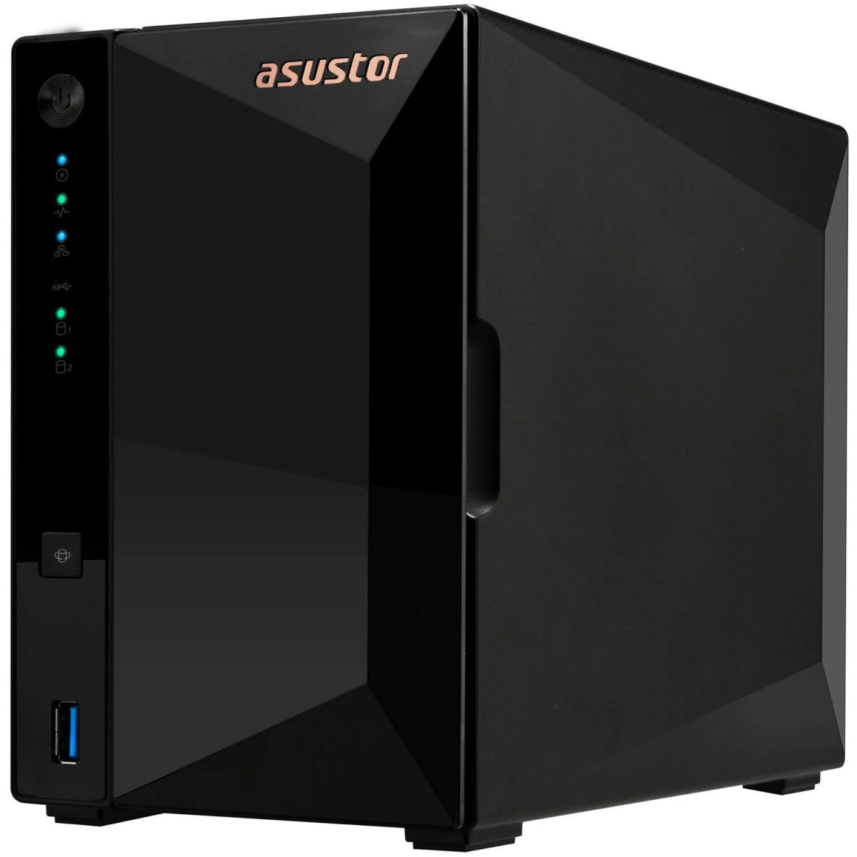 Dispositivo NAS Asustor nero, frontale lucido, con indicatori, porta USB, su sfondo bianco.