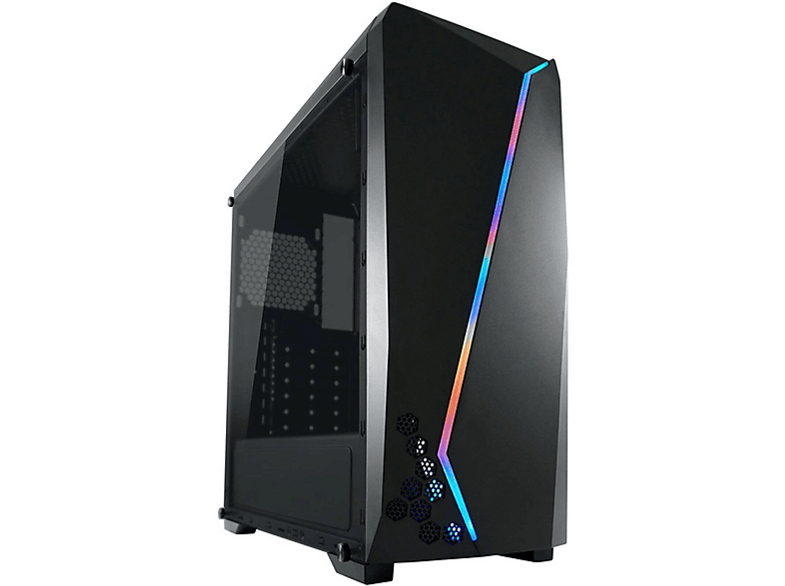Schwarzes Computergehäuse mit Glas-Seitenwand und farbwechselndem LED-Streifen.