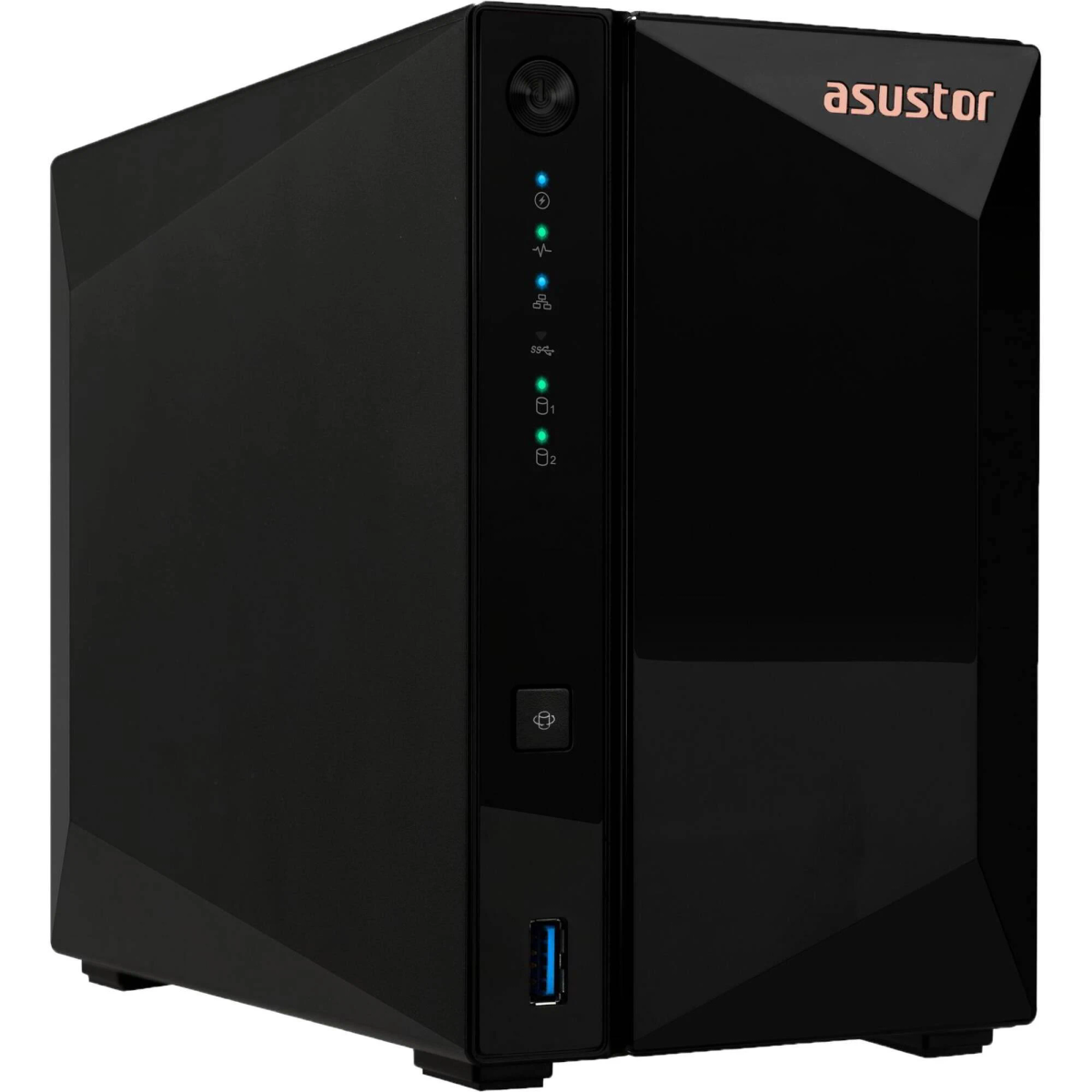 Dispositivo NAS nero con luci verdi, pulsante di accensione e porta USB. Il marchio, asustor, è visibile.