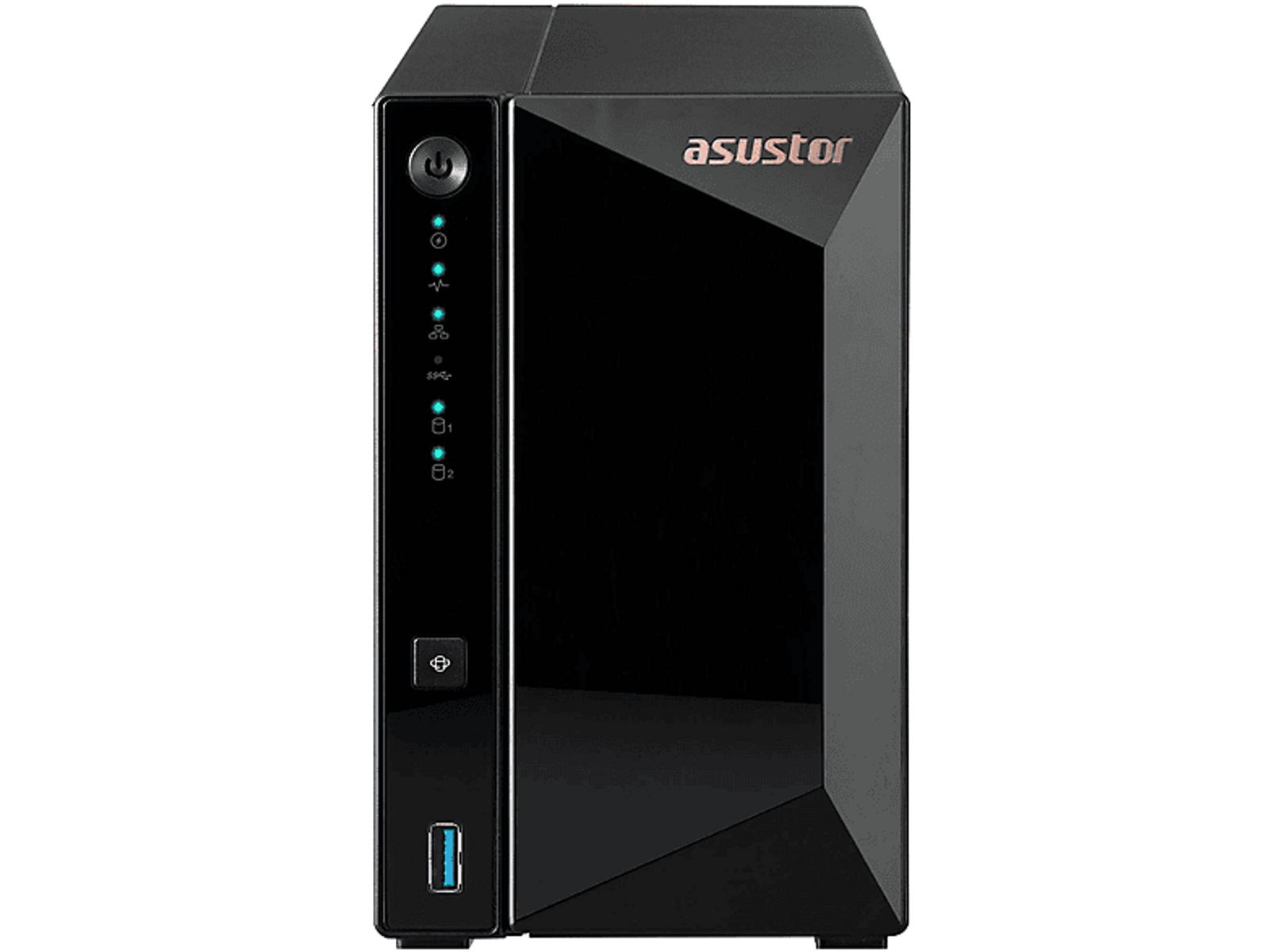 Dispositivo NAS nero con design angolare. Il marchio asustor è visibile con luci verdi e blu.