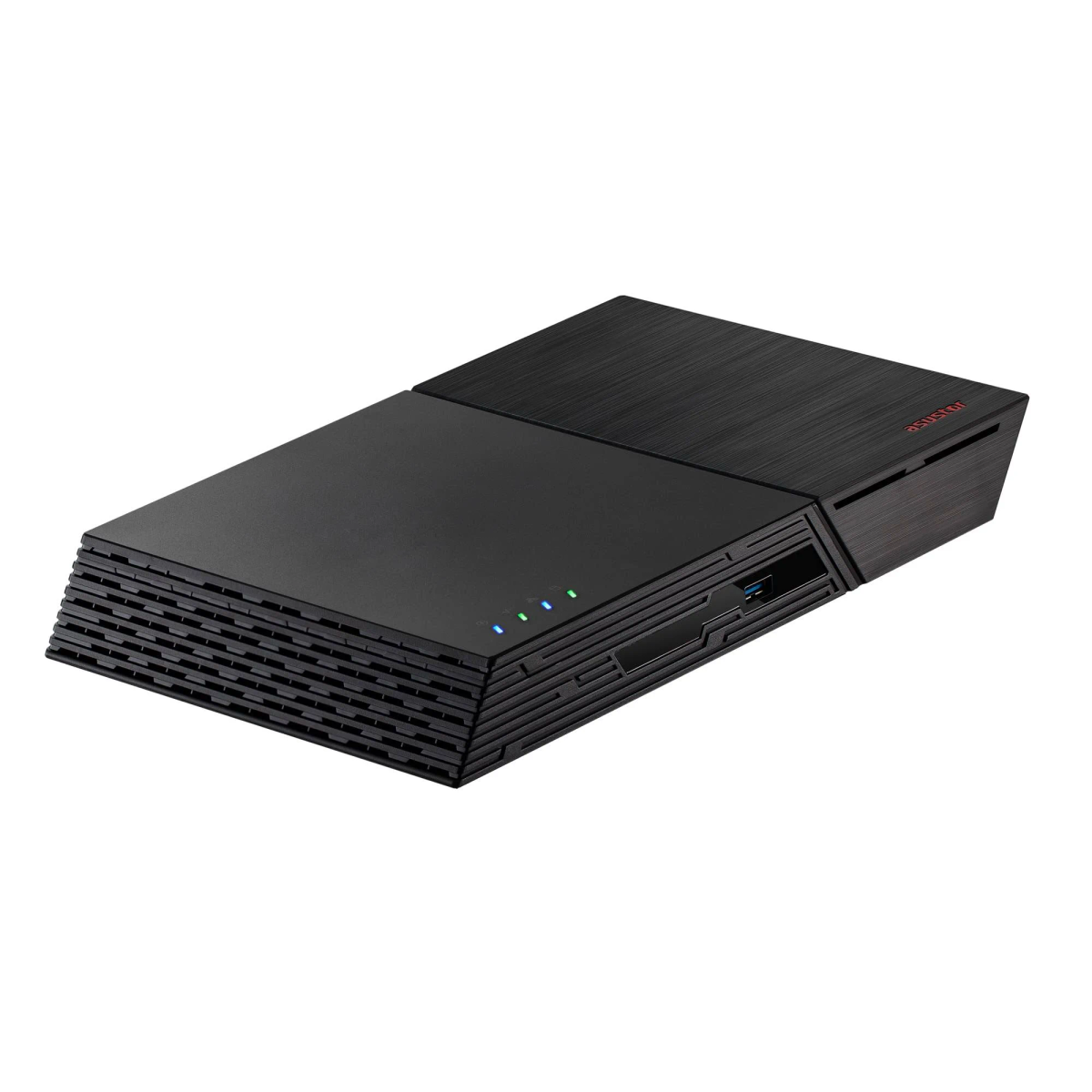 Schwarzes NAS-Gerät mit zweifarbigem Design. Es hat einen USB-Anschluss und rote Akzente, Markenname sichtbar.