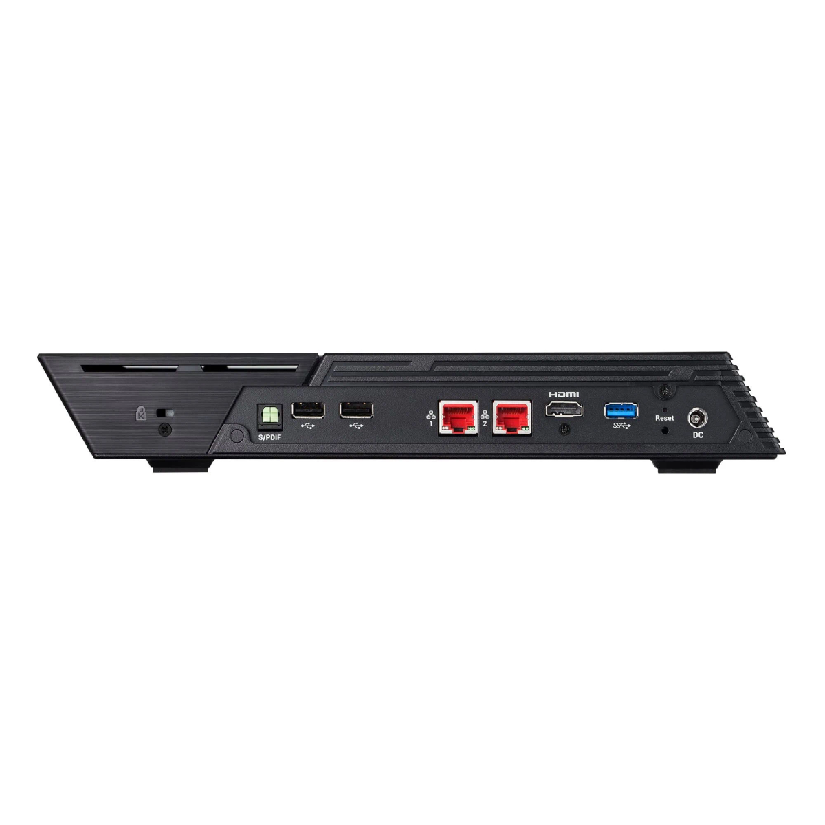Rückseite eines schwarzen NAS-Geräts. Es hat mehrere Anschlüsse, darunter LAN, HDMI und USB, sowie eine Reset-Taste.