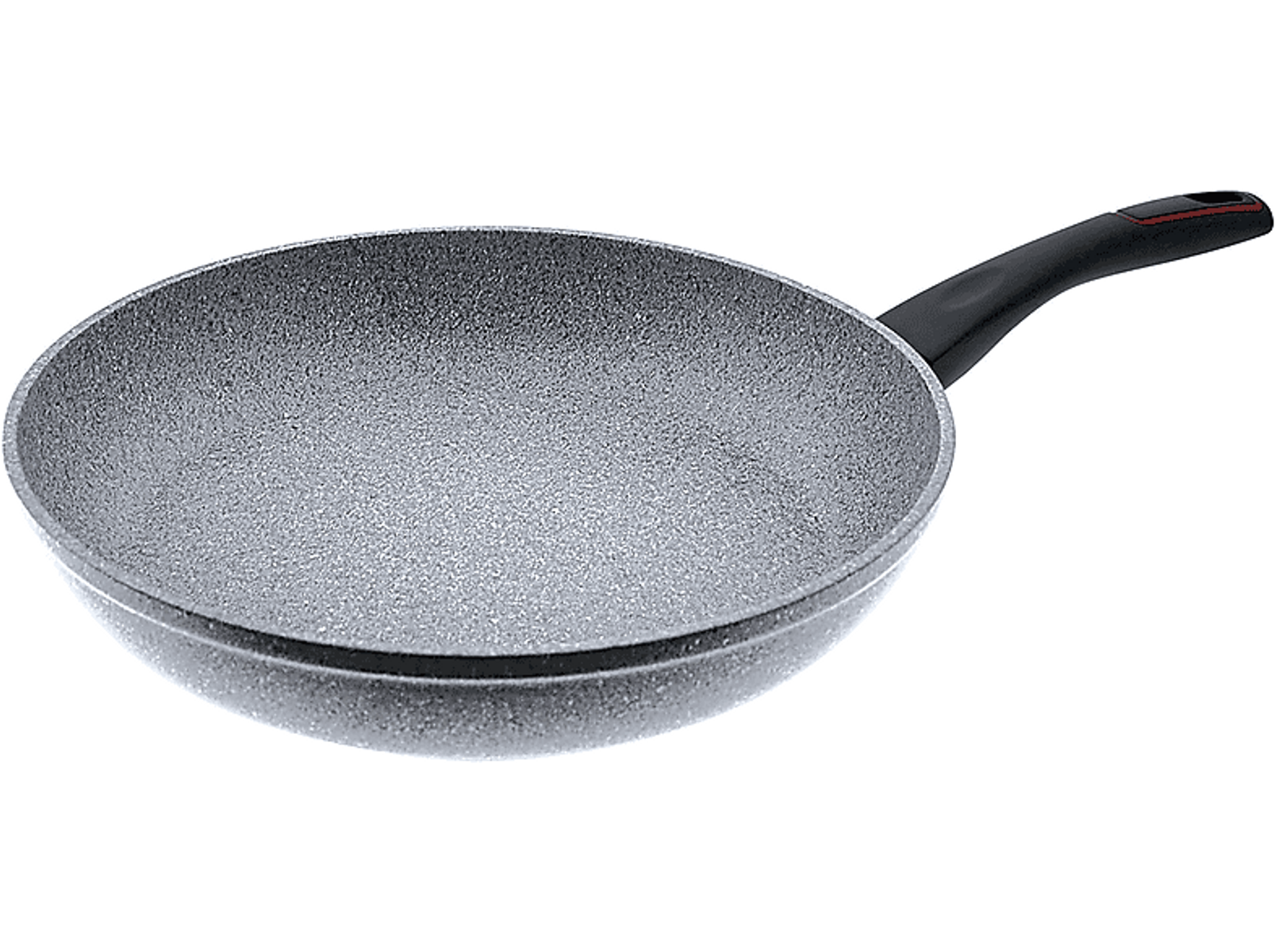 Szara patelnia granitowa na białej powierzchni. Uchwyt czarny z czerwonym akcentem.