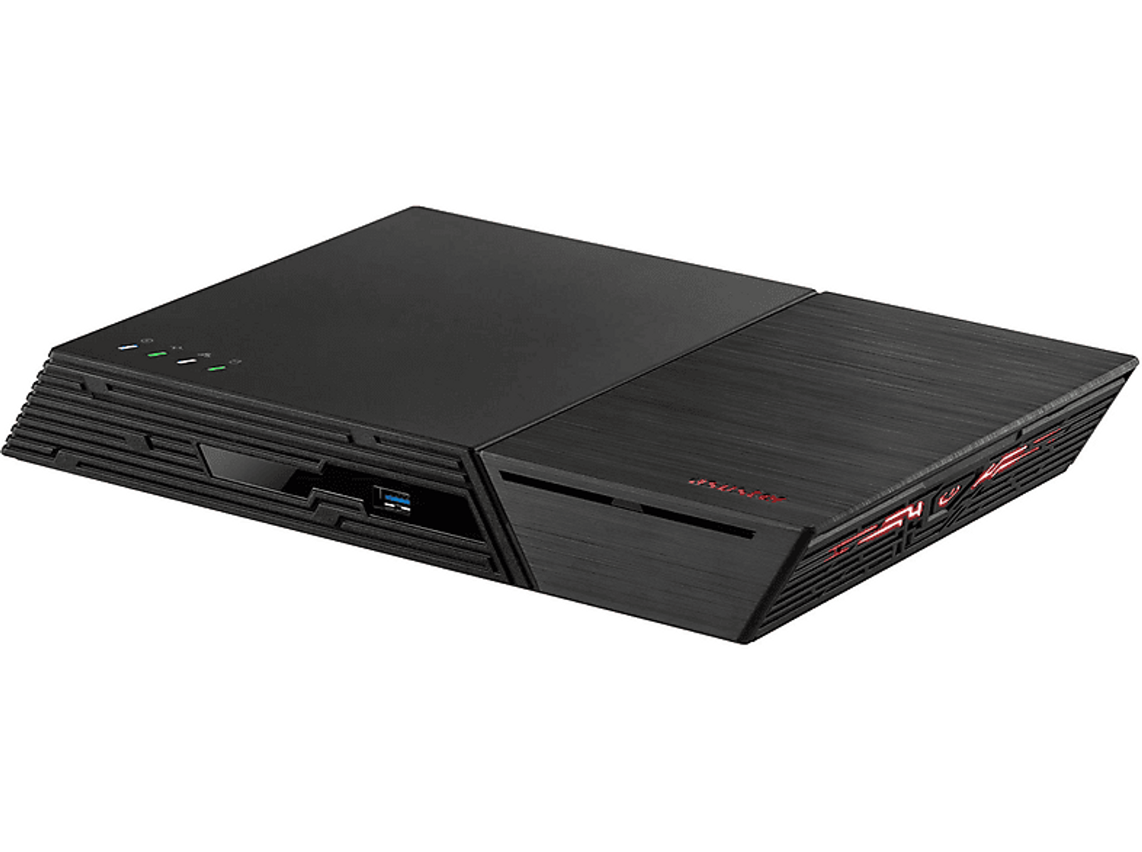 Schwarzes NAS-Gerät mit zweifarbigem Design. Es hat einen USB-Anschluss und rote Akzente, Markenname sichtbar.