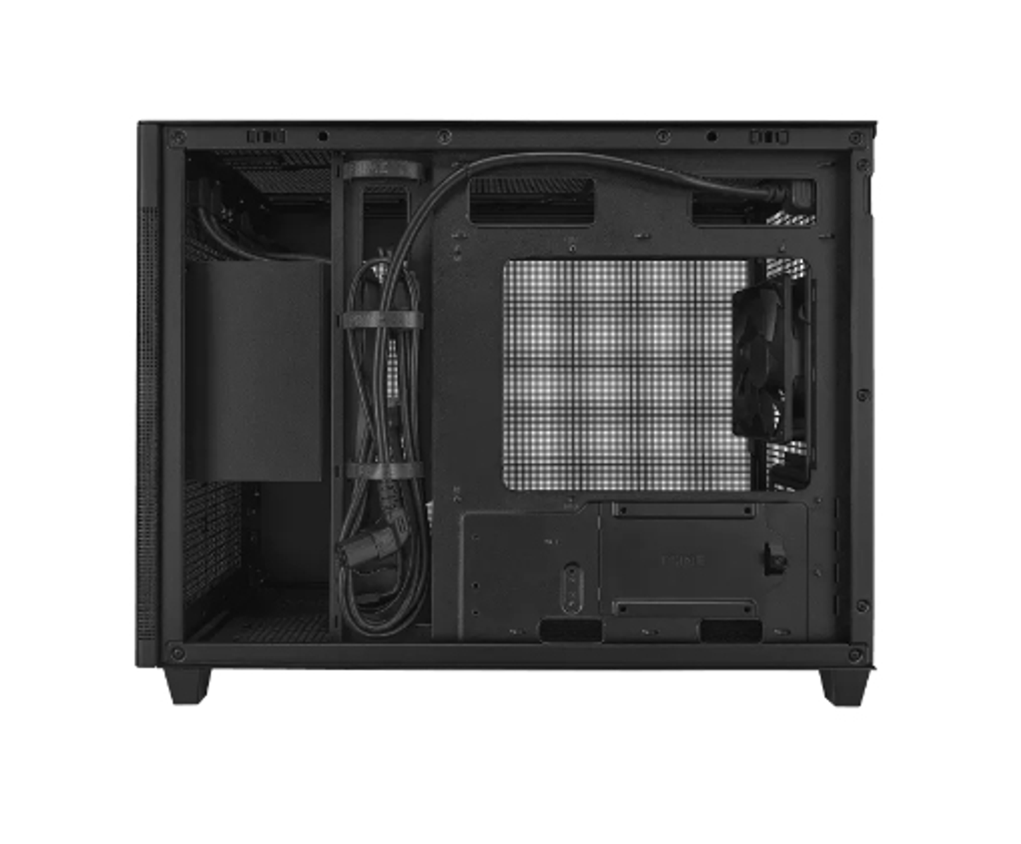 Wnętrze czarnej obudowy komputera. Pokazuje wnętrze z komponentami, kablami i wentylatorem.