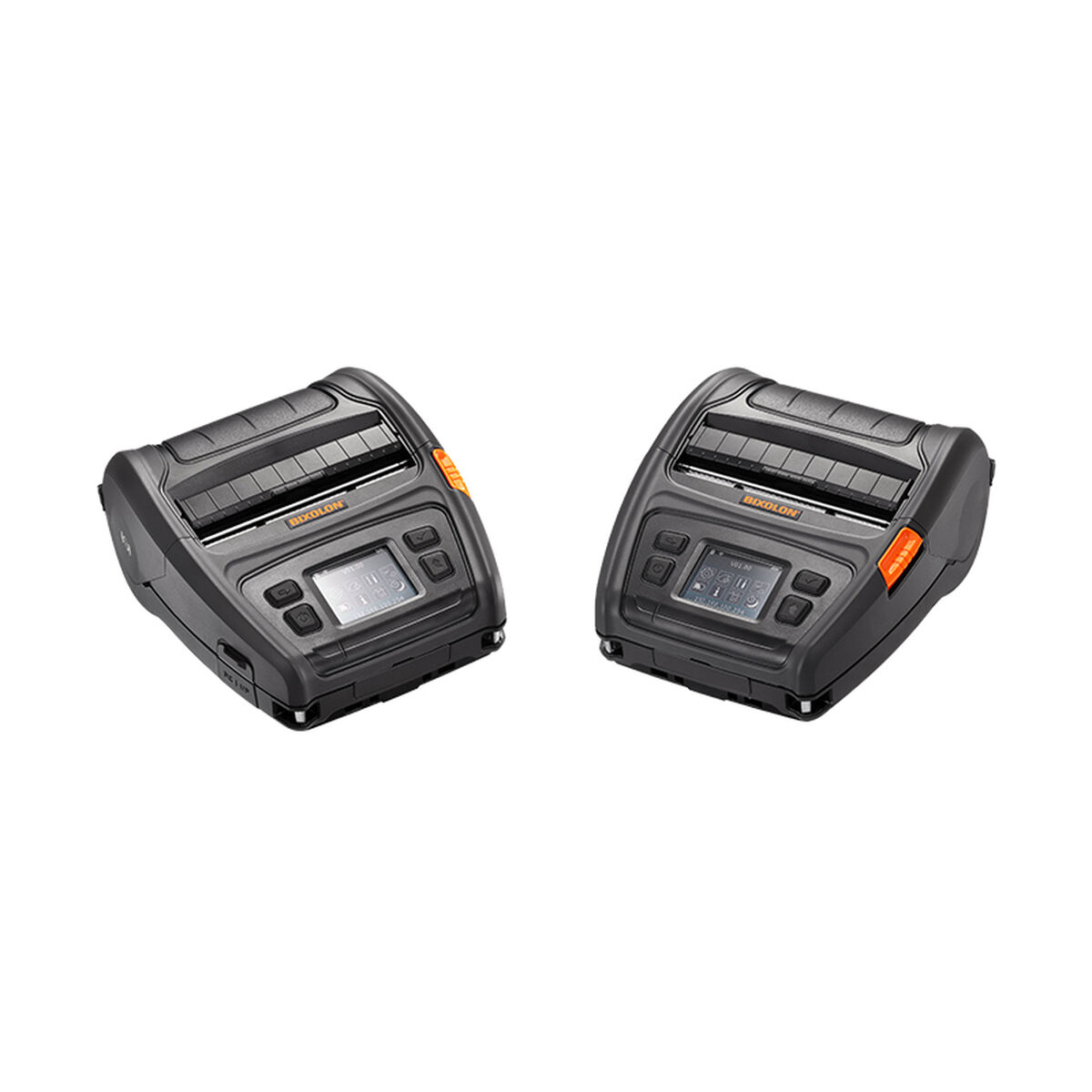 Deux imprimantes portables noires avec des accents orange, inclinées sur une surface blanche.