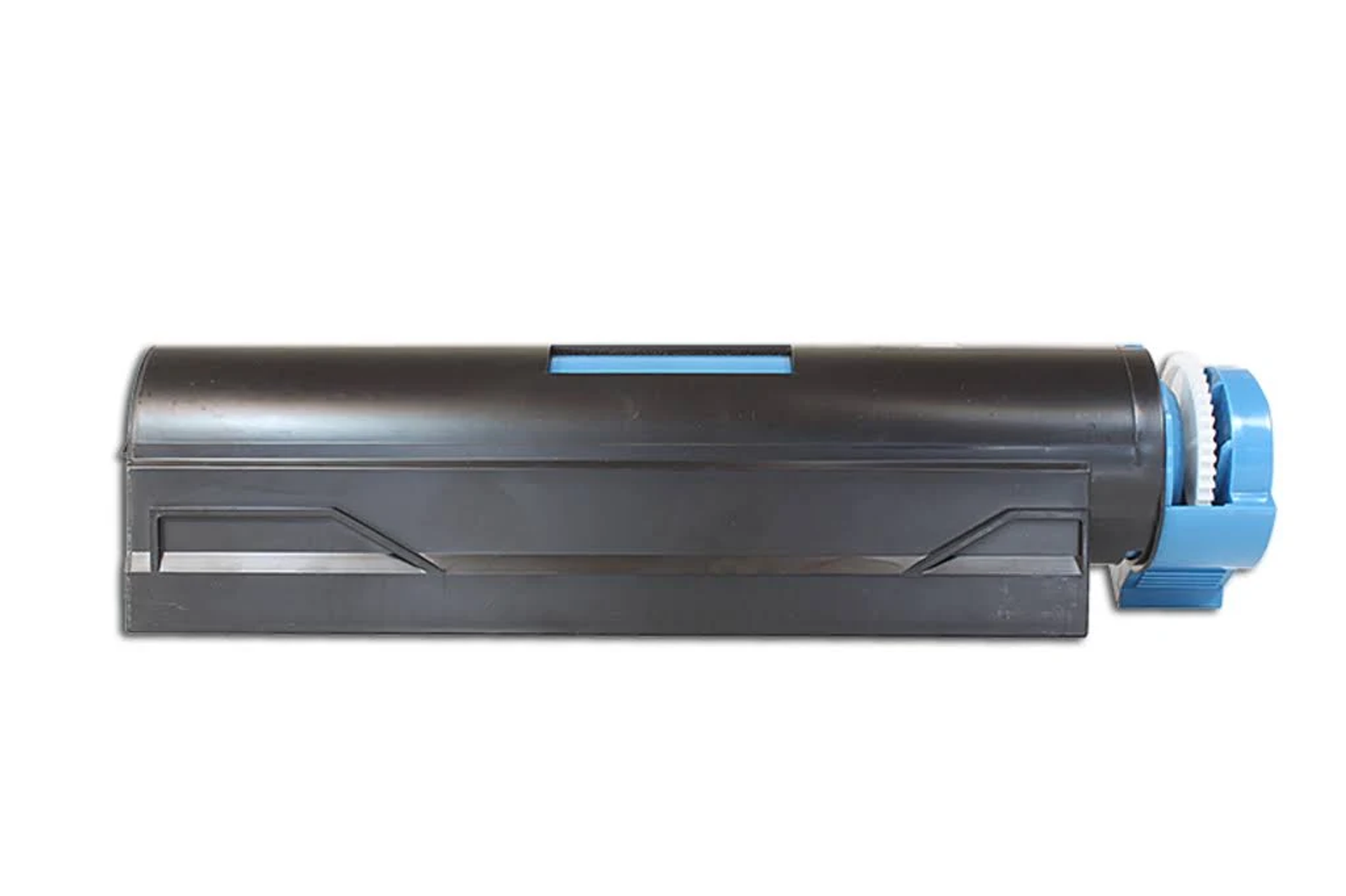 Schwarze Druckertonerpatrone mit blauem Verriegelungsmechanismus.