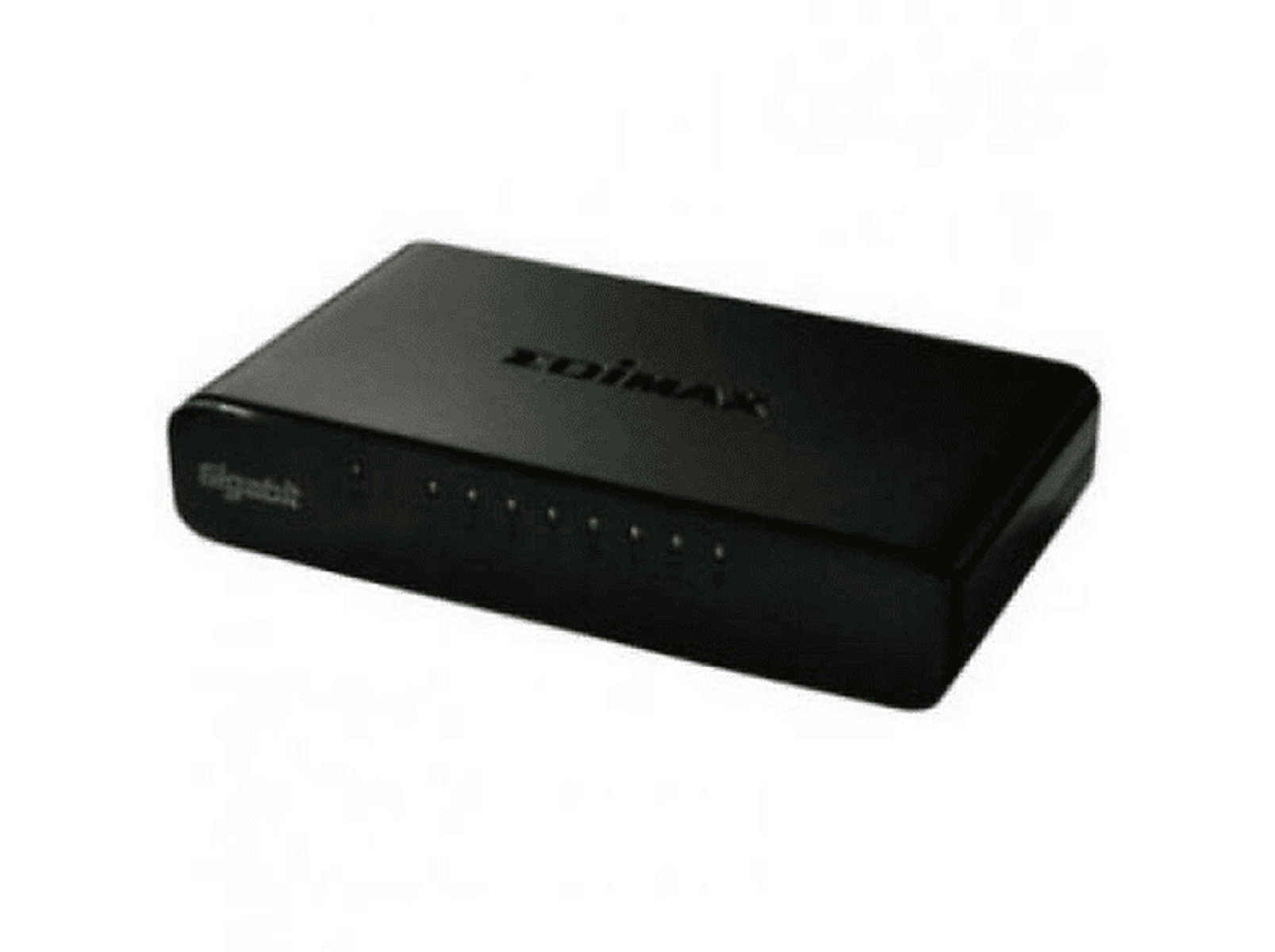 Een zwarte Edimax Gigabit Ethernet switch met verschillende indicatielampjes aan de bovenkant.