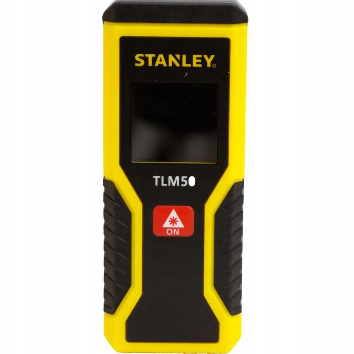 Medidor de distancia láser Stanley TLM50 amarillo y negro. Botón ON rojo. Pantalla negra. Fondo blanco.