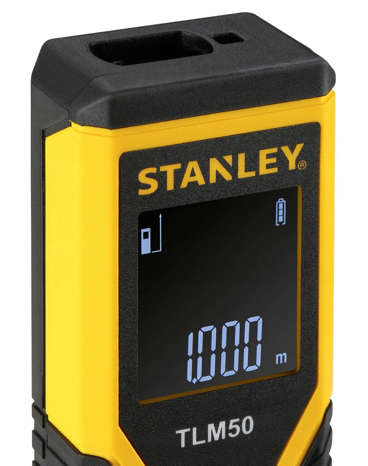 Medidor de distancia láser Stanley amarillo y negro. Pantalla digital muestra 1,000 m.