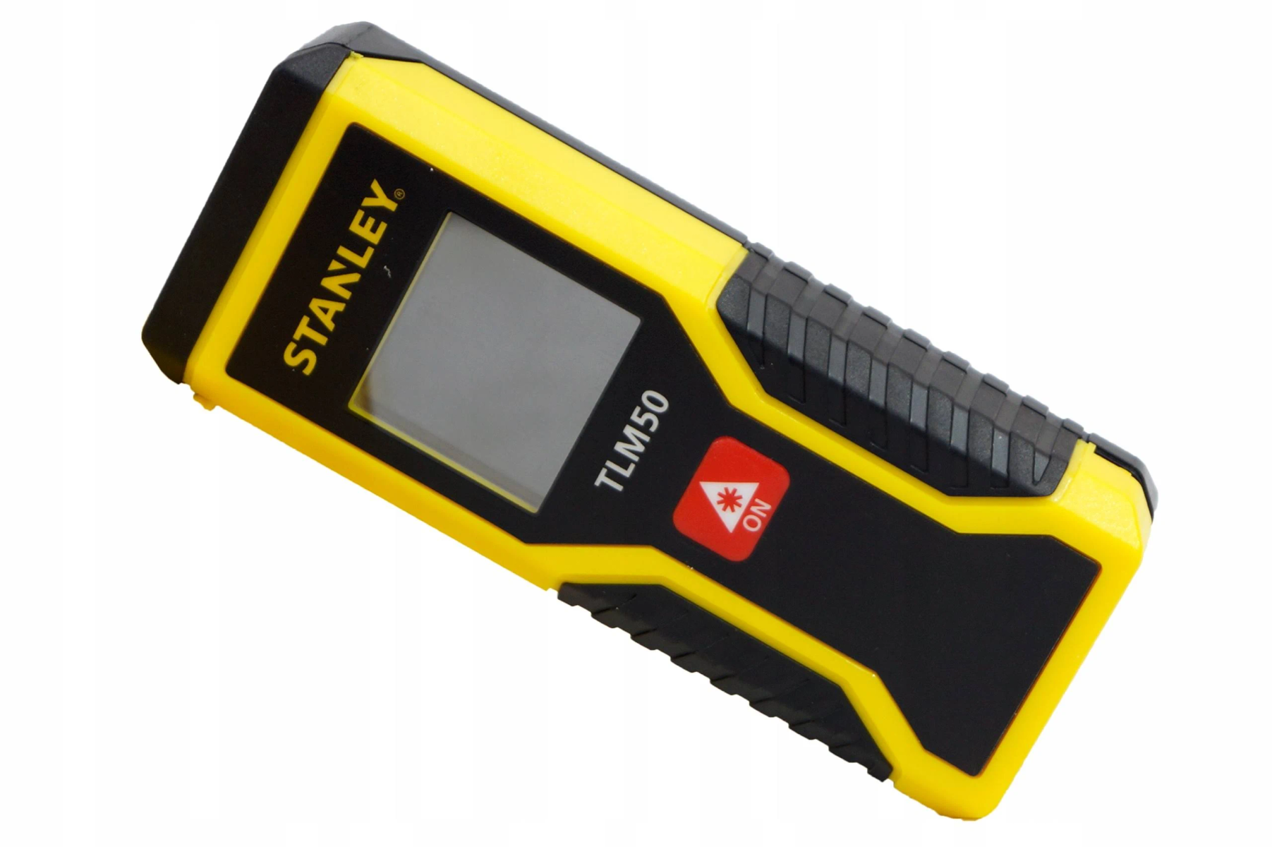 Medidor de distancia láser Stanley amarillo y negro con pantalla y botón rojo 'ON'.