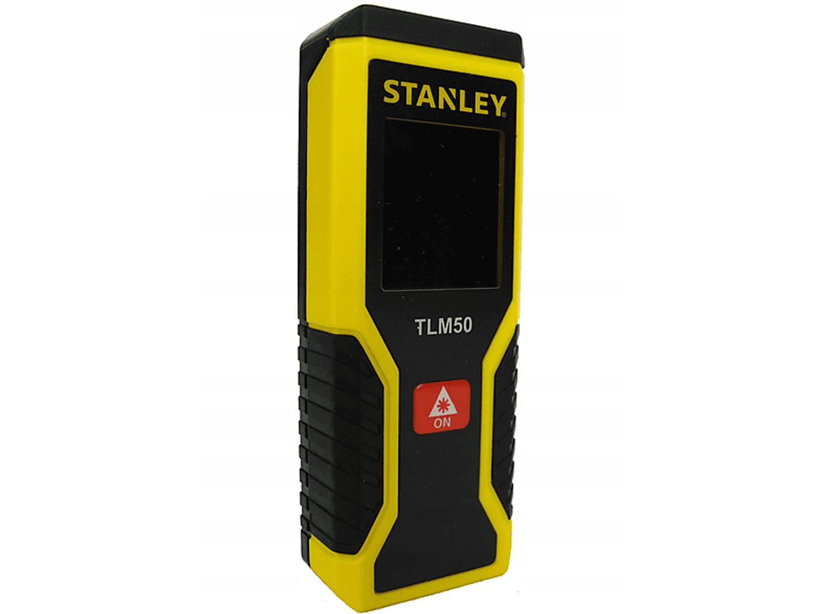 Telémetro láser STANLEY TLM50 amarillo y negro sobre superficie blanca.