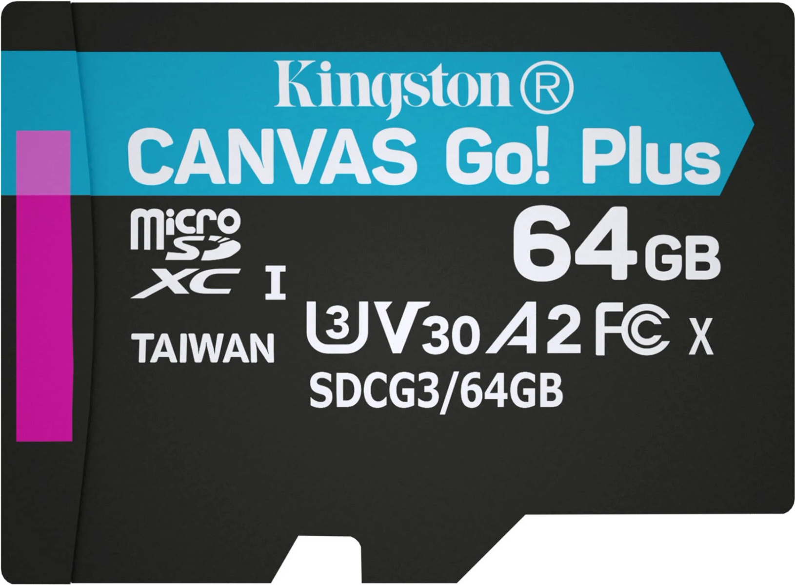 Kingston 64GB Micro SD-Karte. Schwarze Karte mit weißem und blauem Text.
