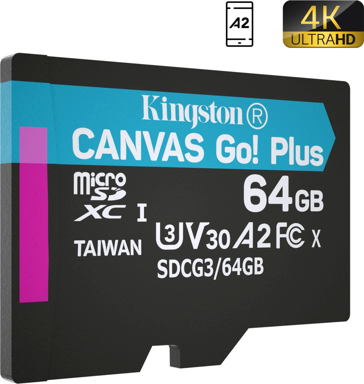 Kingston Canvas Go! Plus microSD-Karte mit Text und Branding, farbige Etiketten.