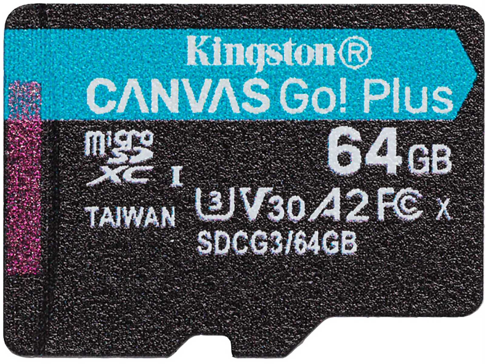 Schwarze microSD-Karte mit weißem Text, blauem Oberteil und pinkfarbenem Etikett, Marke Kingston, 64 GB Kapazität.