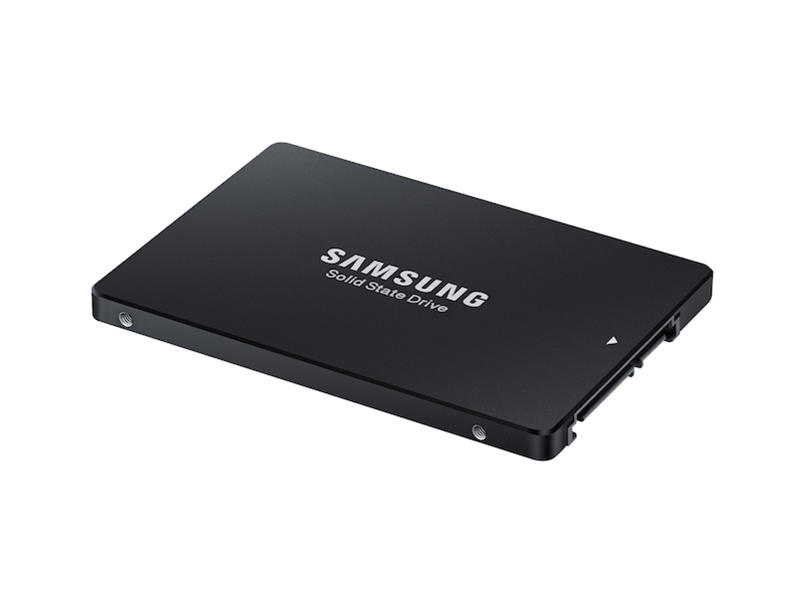 Czarny dysk SSD Samsung na białym tle. Widoczna nazwa marki.
