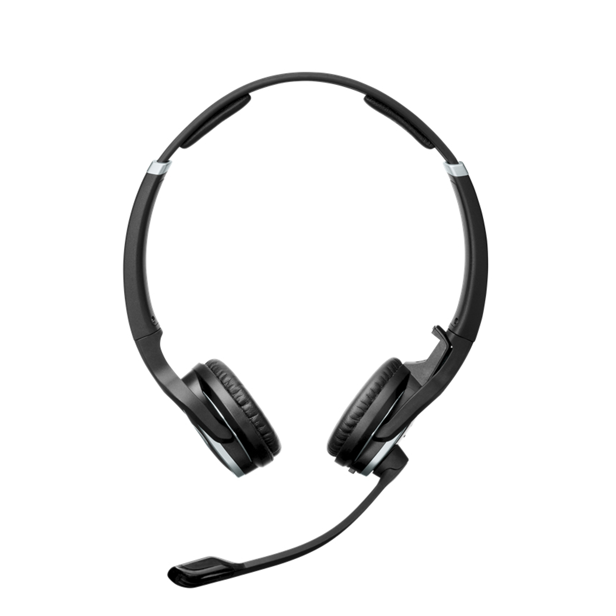 Auriculares negros con micrófono. Los auriculares tienen almohadillas acolchadas y un micro.
