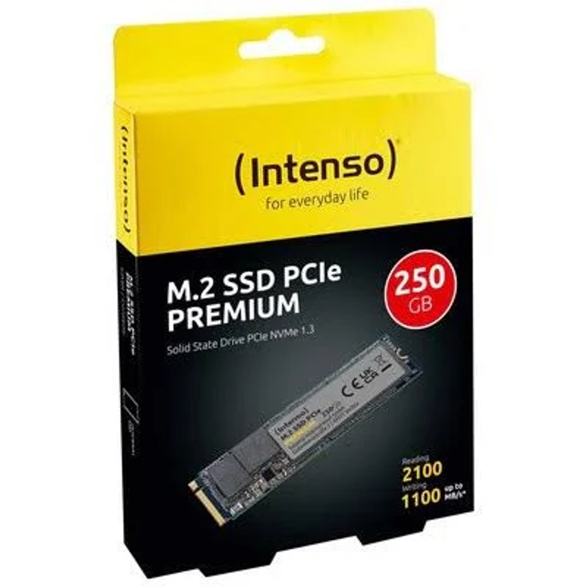 Żółto-czarne pudełko dysku SSD M.2 PCIe Premium o pojemności 250 GB.